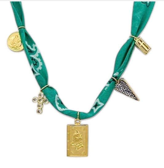 Confessions Charm Necklace on Turquoise Scarf