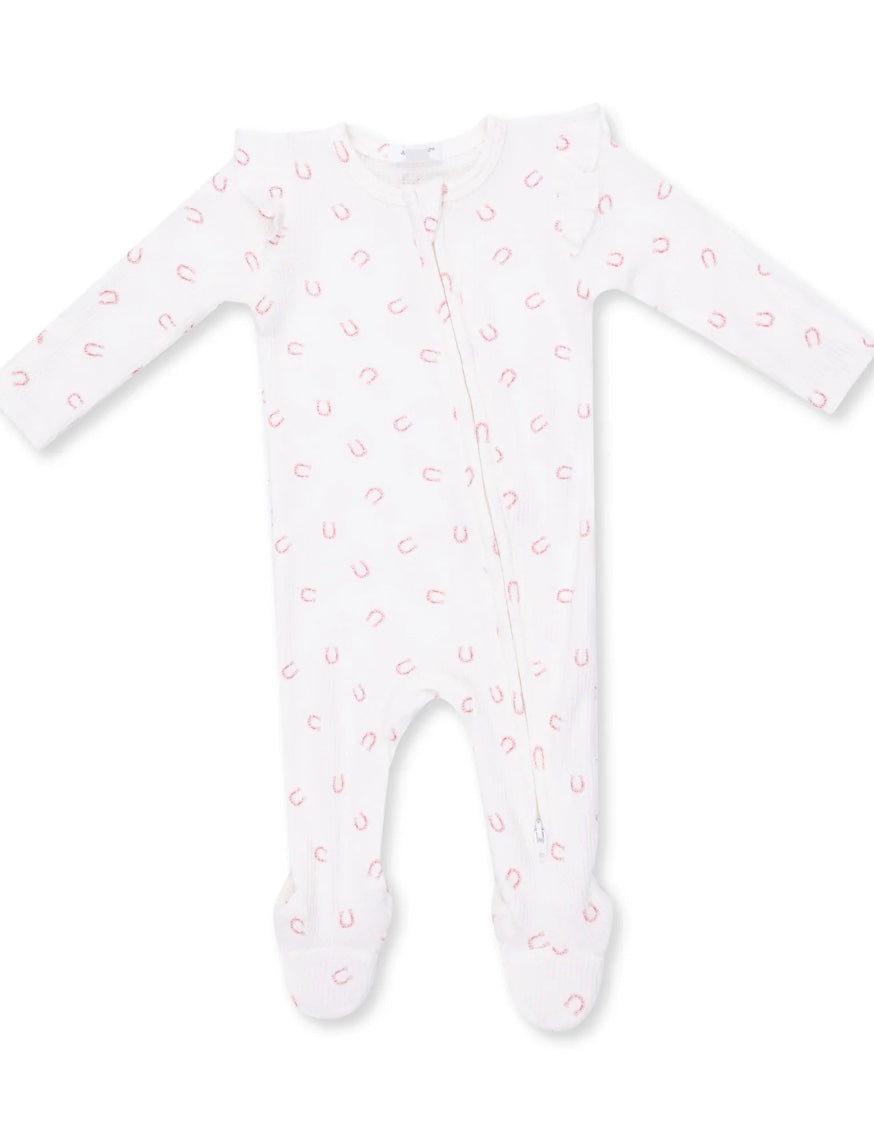 Little Horseshoes PInk 2 Way Ruffle Zipper Footie