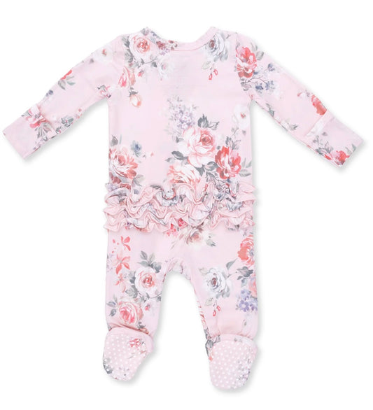 Painterly Rose Bouquets Ruffle Back Zipper Footie