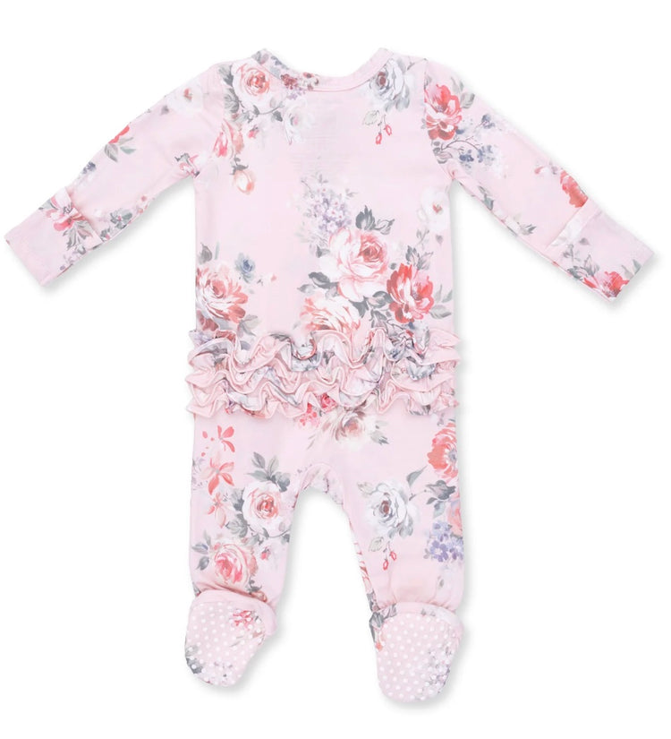 Painterly Rose Bouquets Ruffle Back Zipper Footie