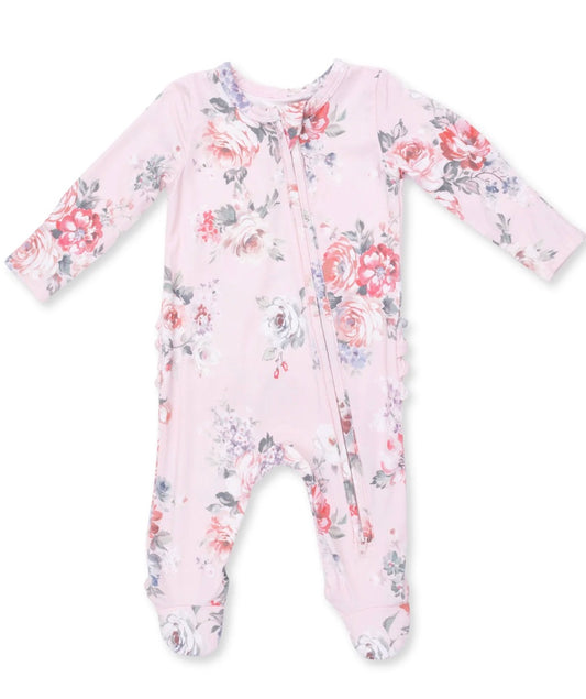 Painterly Rose Bouquets Ruffle Back Zipper Footie