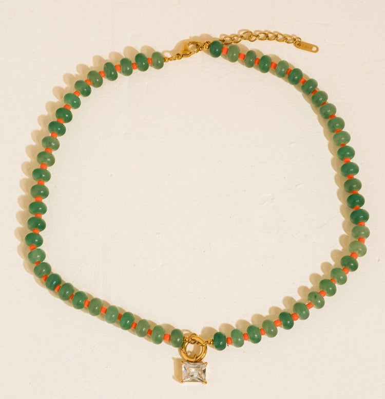 18 K Non Tarnish Green  Boho Beaded Necklace