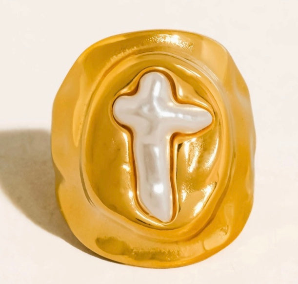 Gold Pearl Cross Ring
