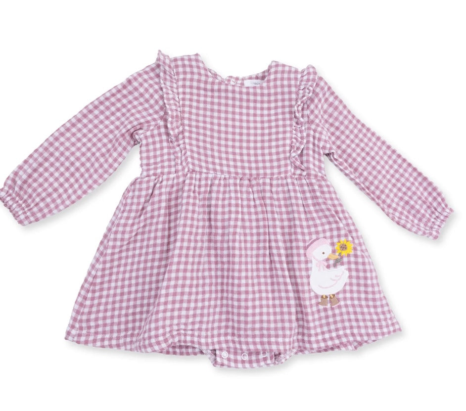 Berry Gingham Long Sleeve Ruffle Bubble With Skirt