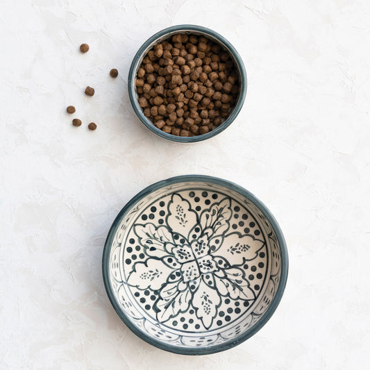 Hand Painted Stoneware Pet Bowl w/Design